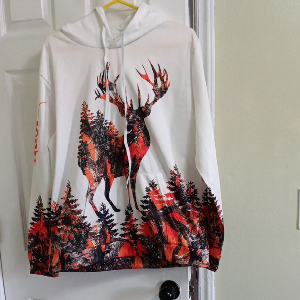 White Hoodie with Red Deer and Forest Design